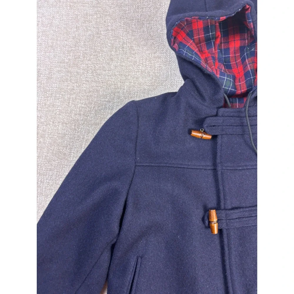 Imp Originals Kids Navy Blue Wool Duffle Coat Plaid Lined Toggle Size 8 USA Made